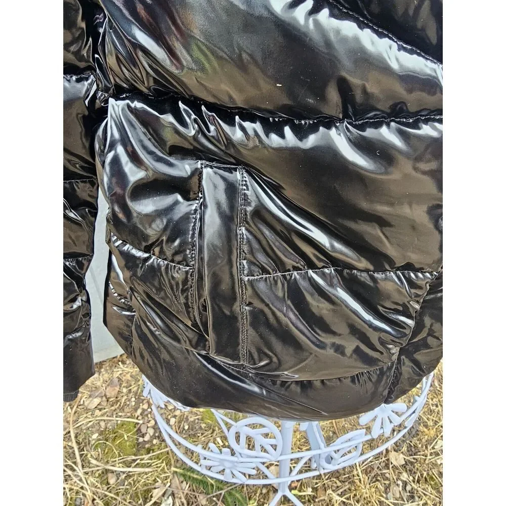 Justice Girls Black Puffer Jacket Hood Sherpa Lined Full Zip Pockets‎ Size S 7/8